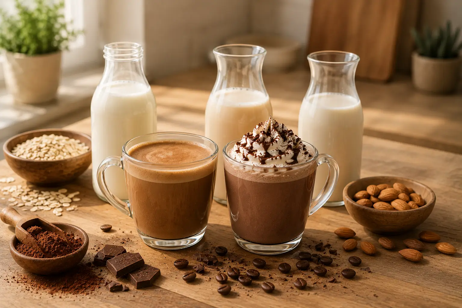 Mocha and hot chocolate served with different milk options