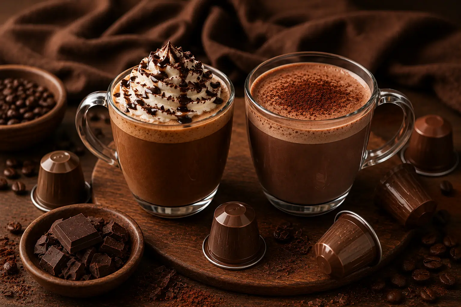 Creamy hot chocolate with whipped cream and chocolate pieces