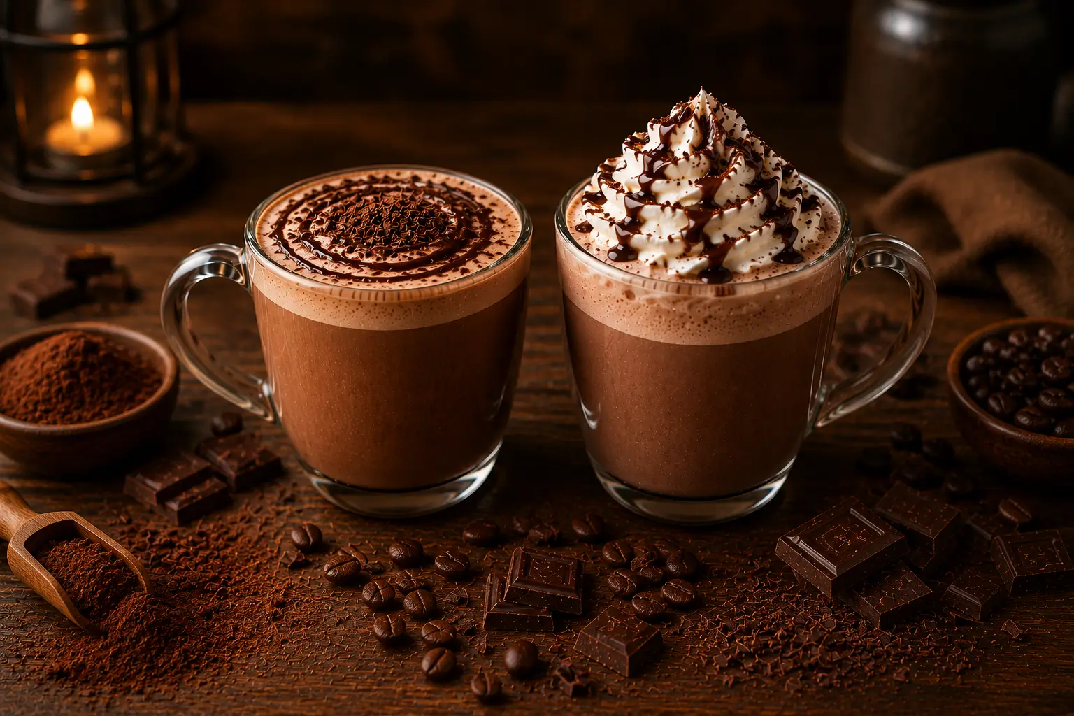 Mocha coffee and hot chocolate cups with capsules around them