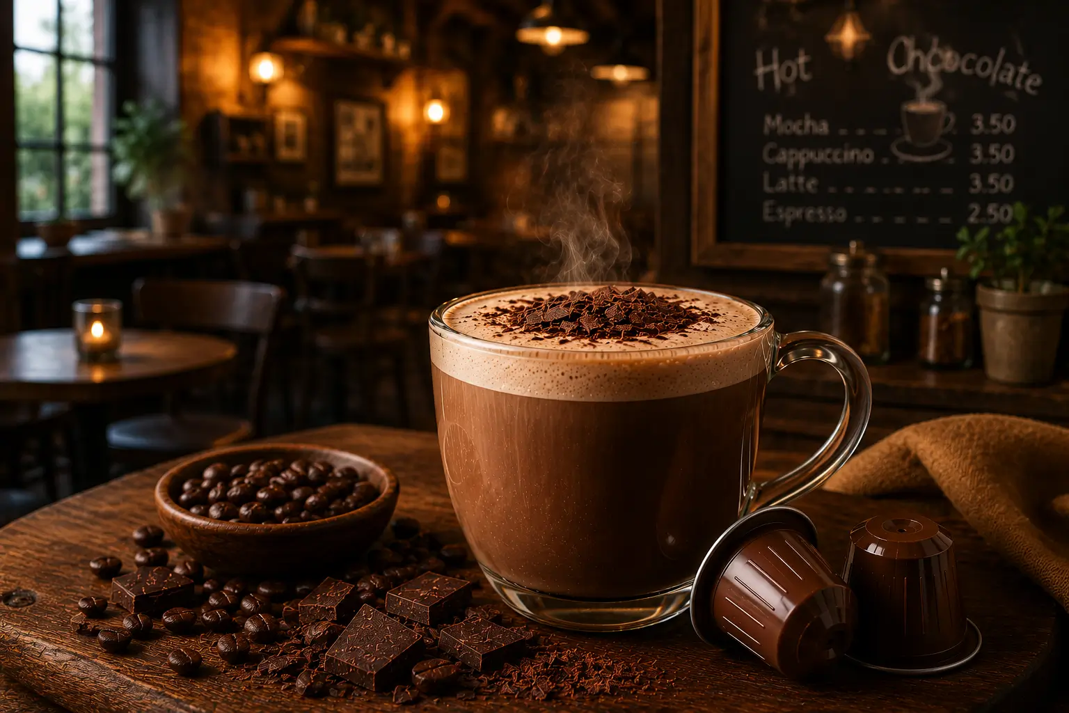 Mocha coffee and hot chocolate with chocolate ingredients