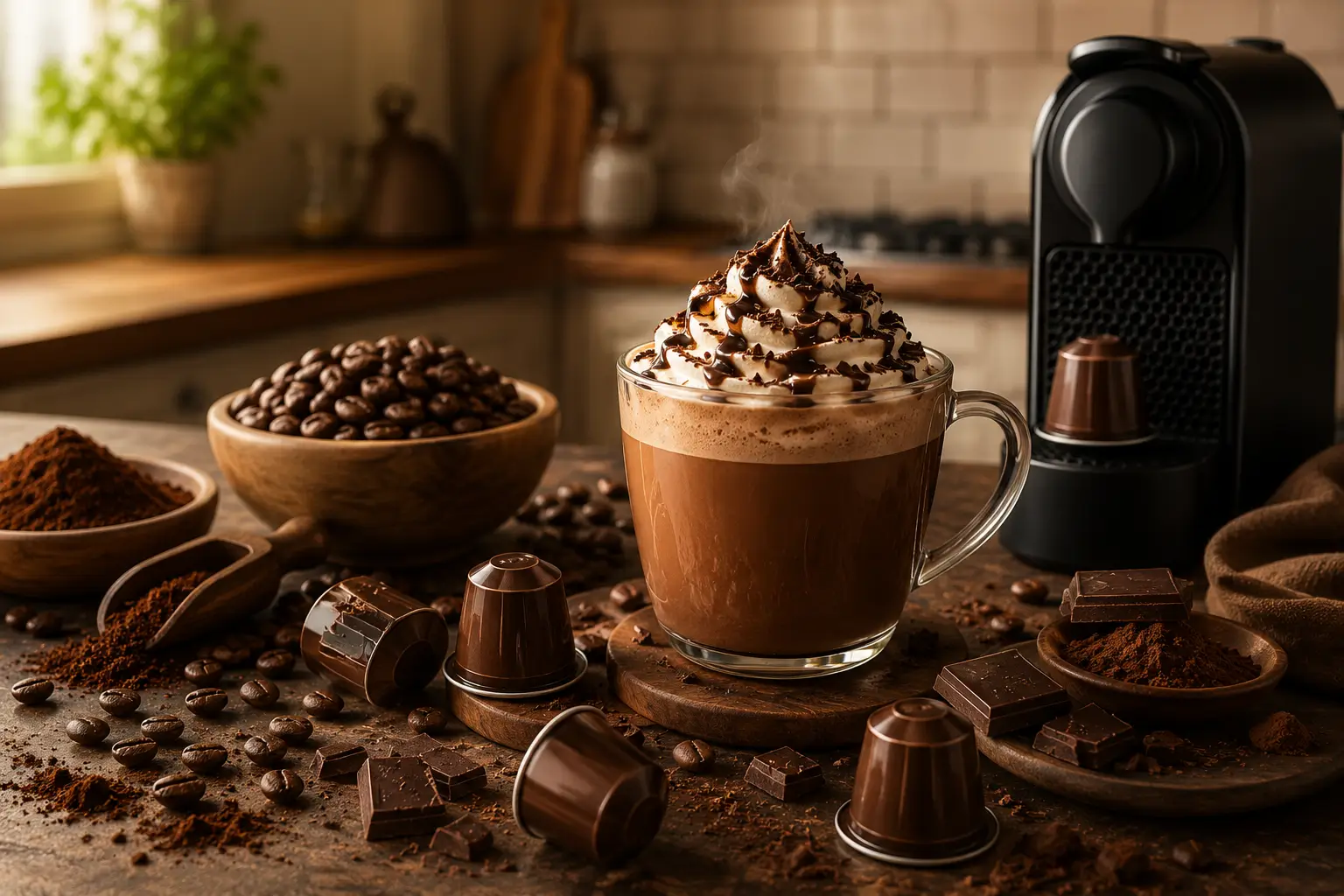 Mocha coffee capsules with coffee beans and chocolate pieces