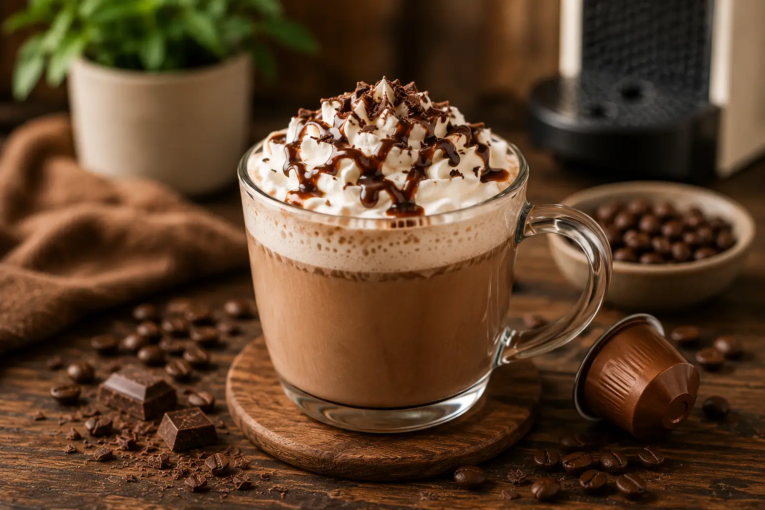 Caffeine Content in Mocha Coffee Pods Mocha coffee with coffee capsules and roasted beans