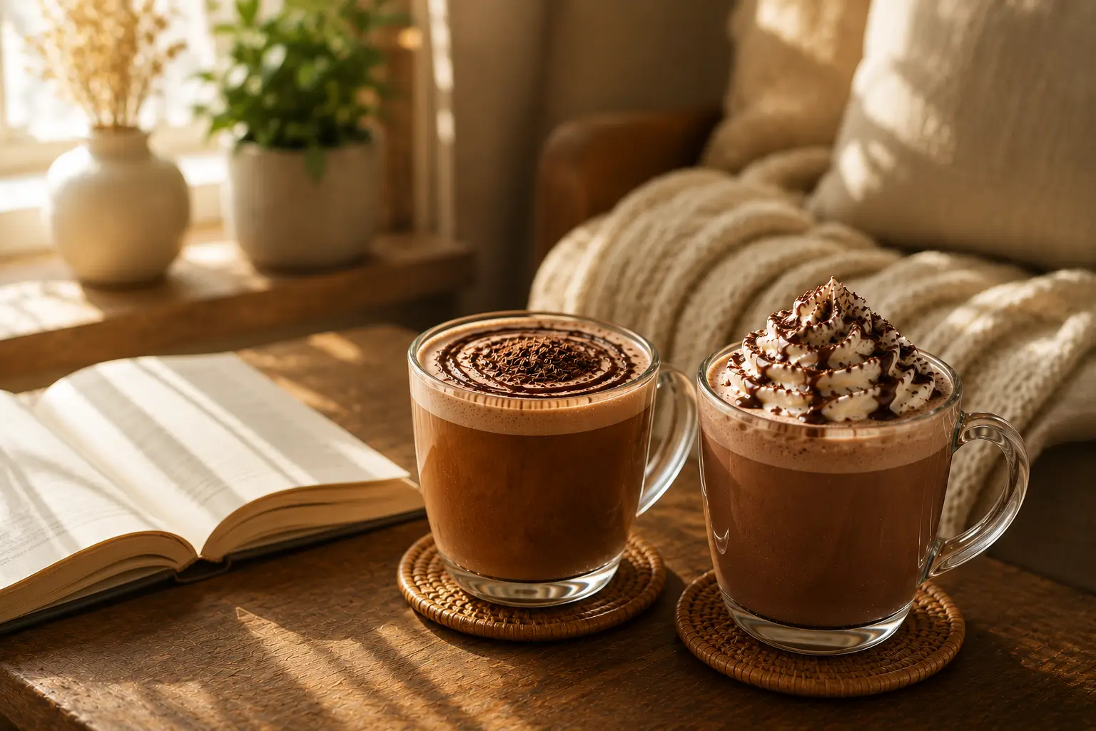 Mocha drink and hot chocolate drink beside open book