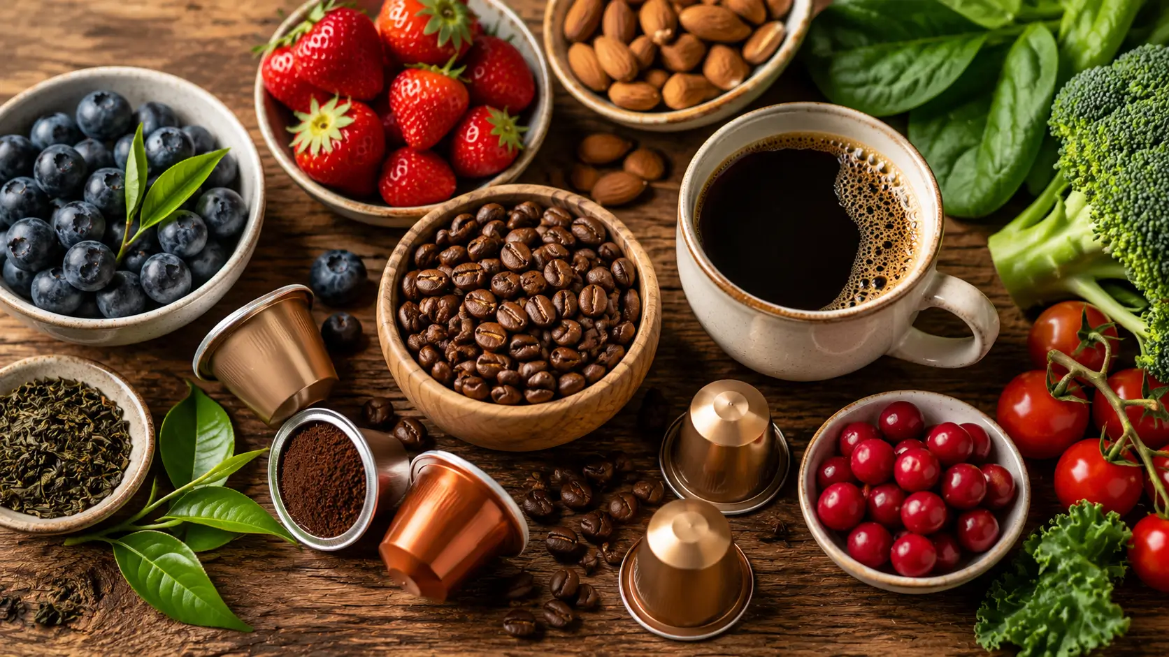 Natural sources of antioxidants including coffee pods coffee beans fruits and nuts