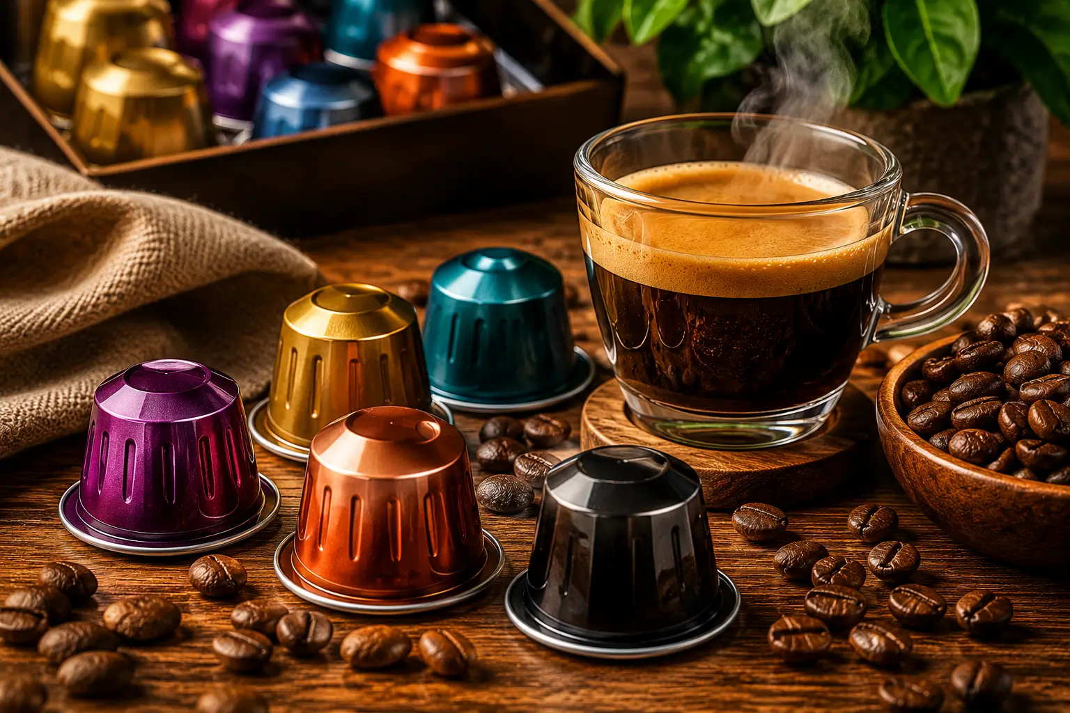 What Are Nespresso Coffee Pods? Nespresso capsules beside espresso coffee and beans