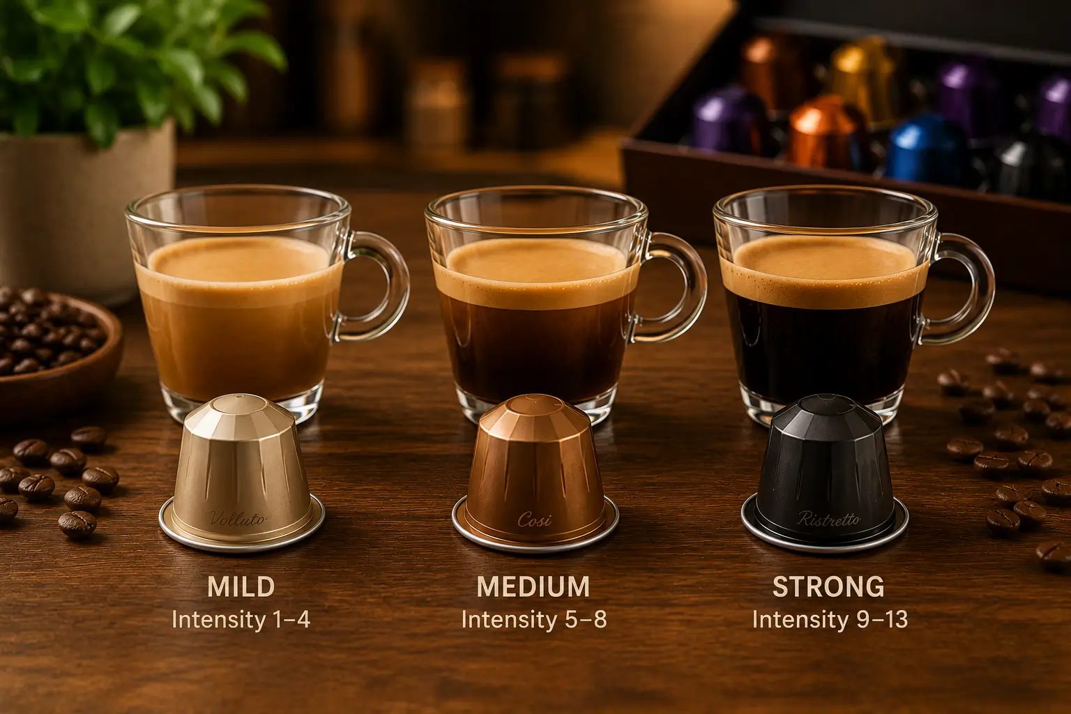 Nespresso Intensity Levels Nespresso capsules showing mild medium and strong coffee styles