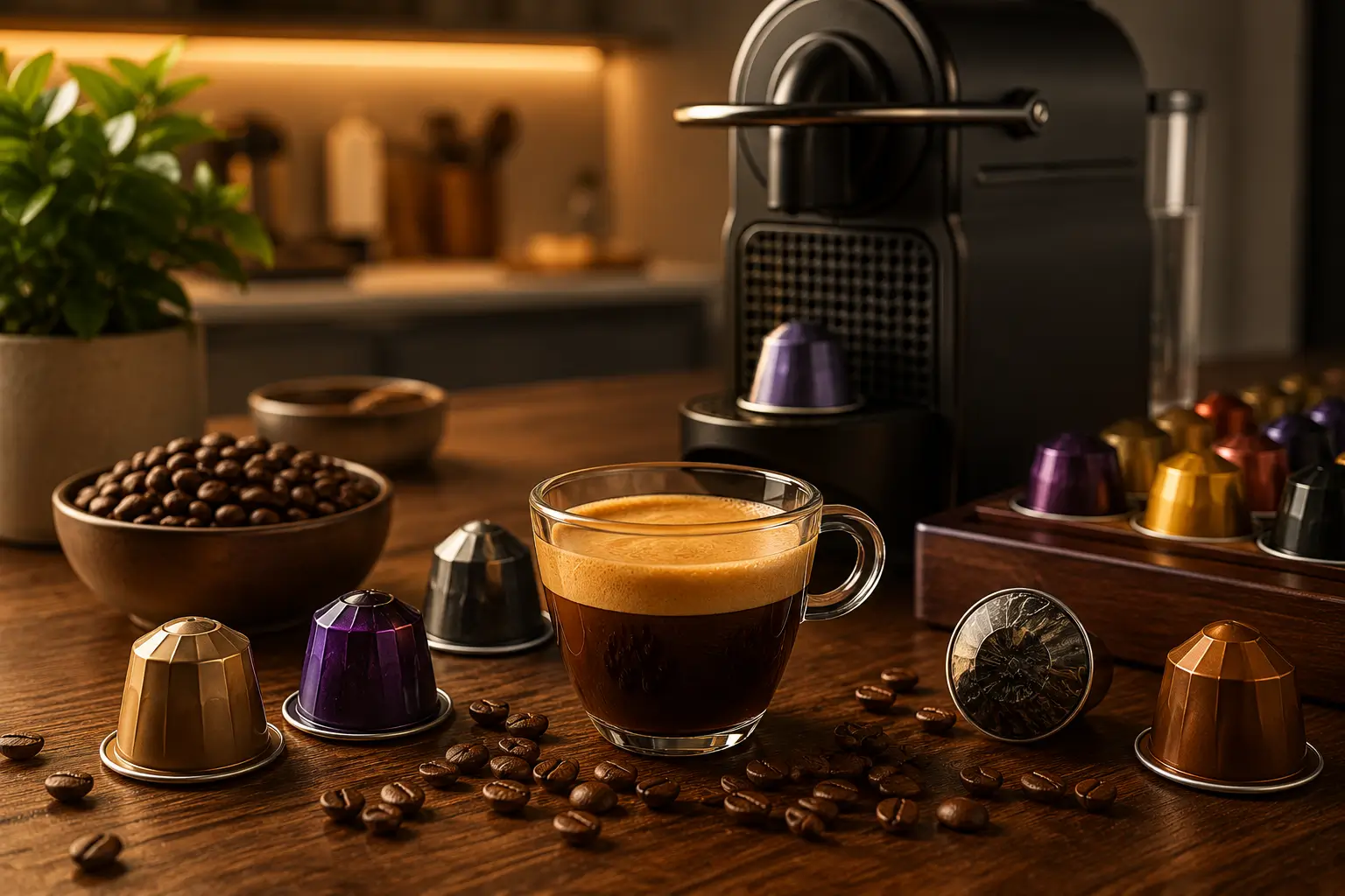 Nespresso Coffee Pods Nespresso coffee pods with espresso cup and roasted coffee beans