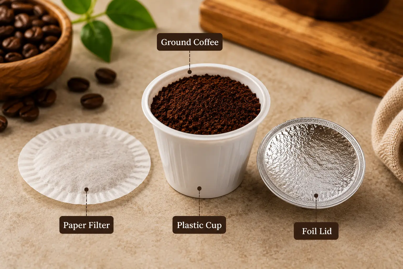 Parts of a K-Cup Opened K-Cup showing coffee grounds filter foil lid and plastic cup