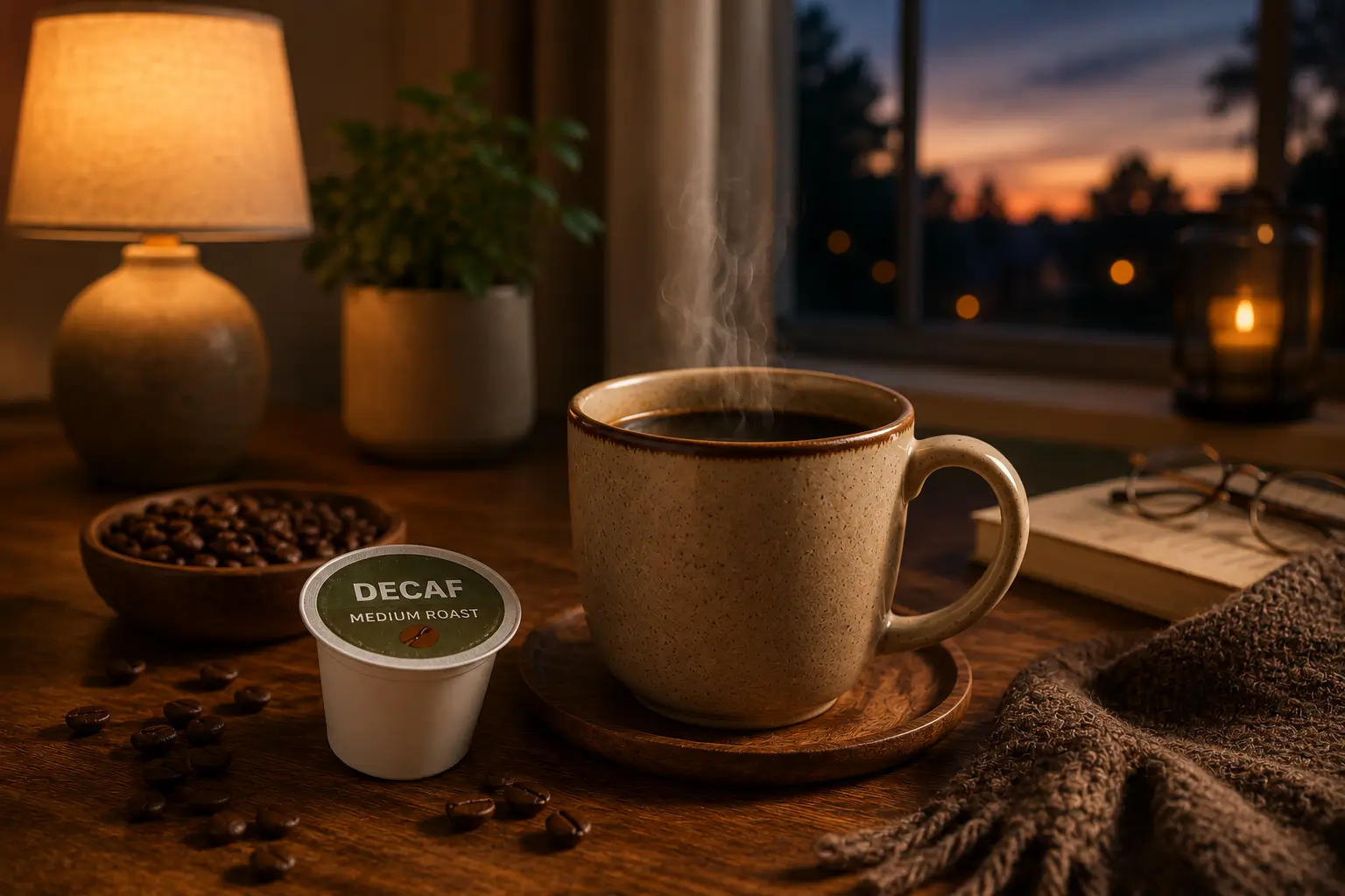 Person enjoying decaf coffee in the evening