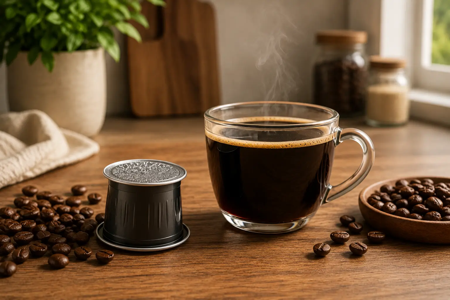 Plain black coffee pod with coffee beans and a low calorie coffee cup