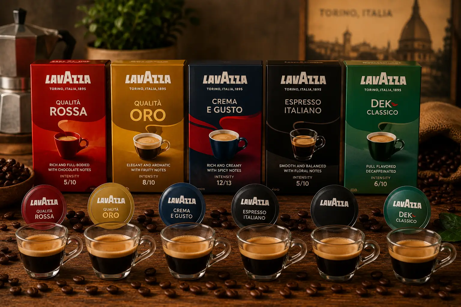 Popular Lavazza blends including Qualita Rossa Qualita Oro Crema e Gusto Espresso Italiano and Dek