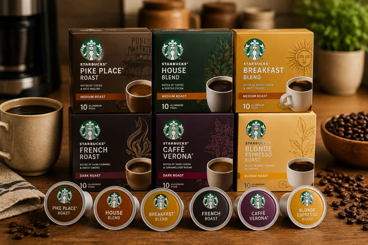 Popular Starbucks coffee blends including Pike Place House Blend Breakfast Blend and French Roast