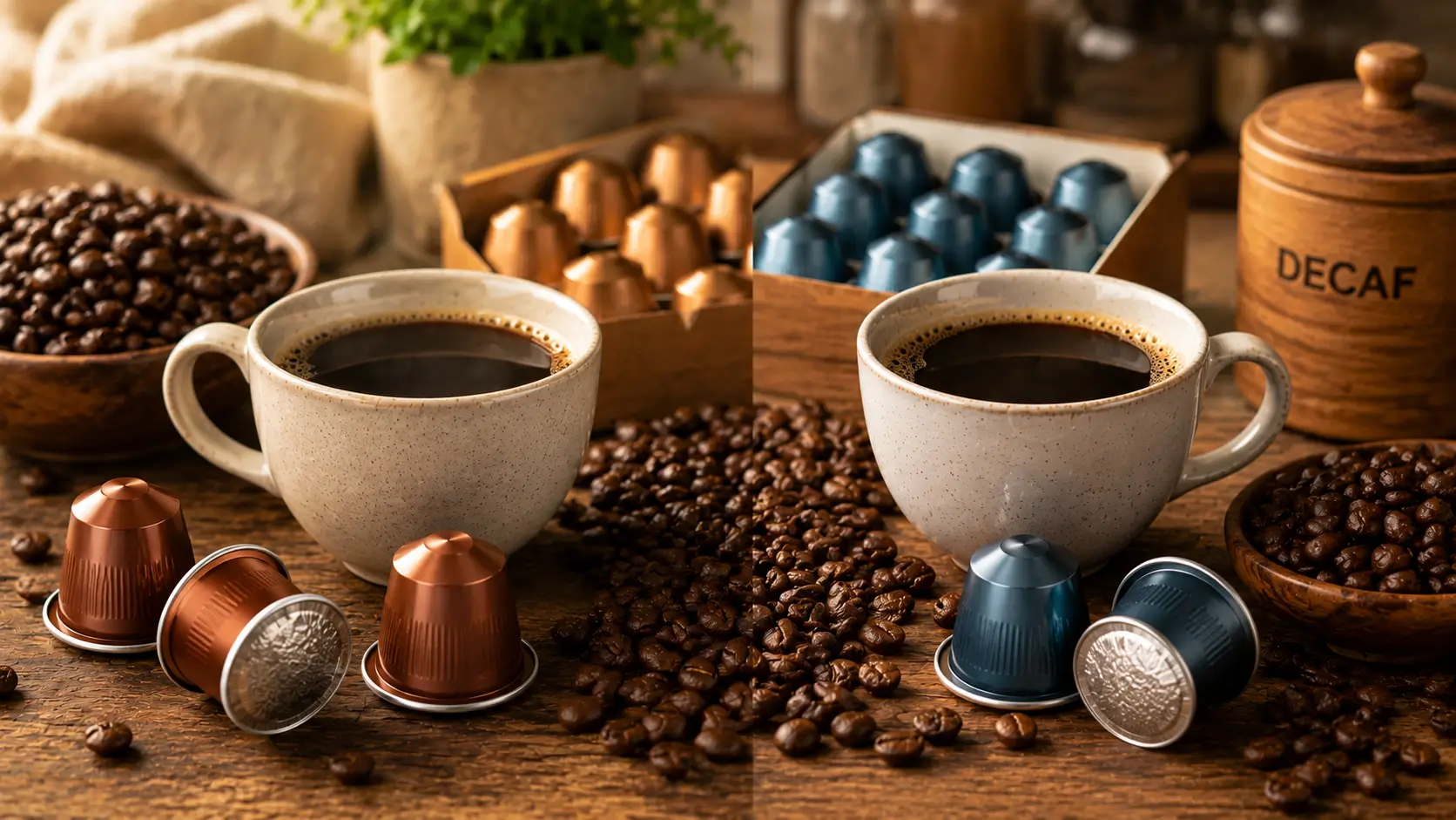 Regular and decaf coffee pods side by side