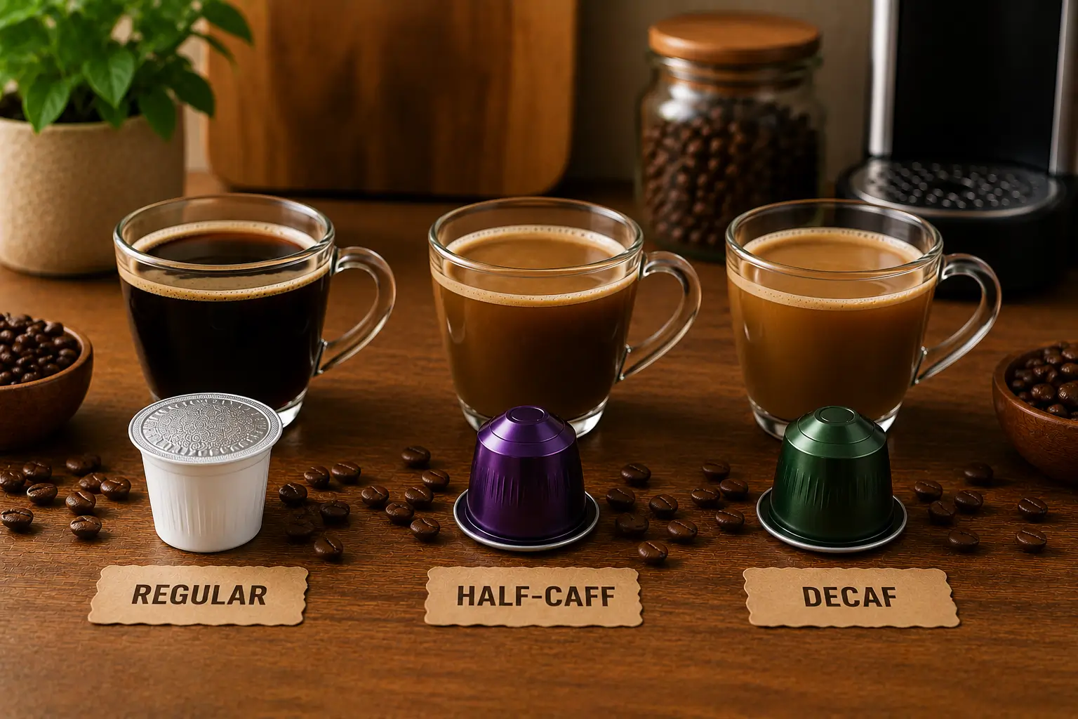 Regular half-caff and decaf coffee pods compared