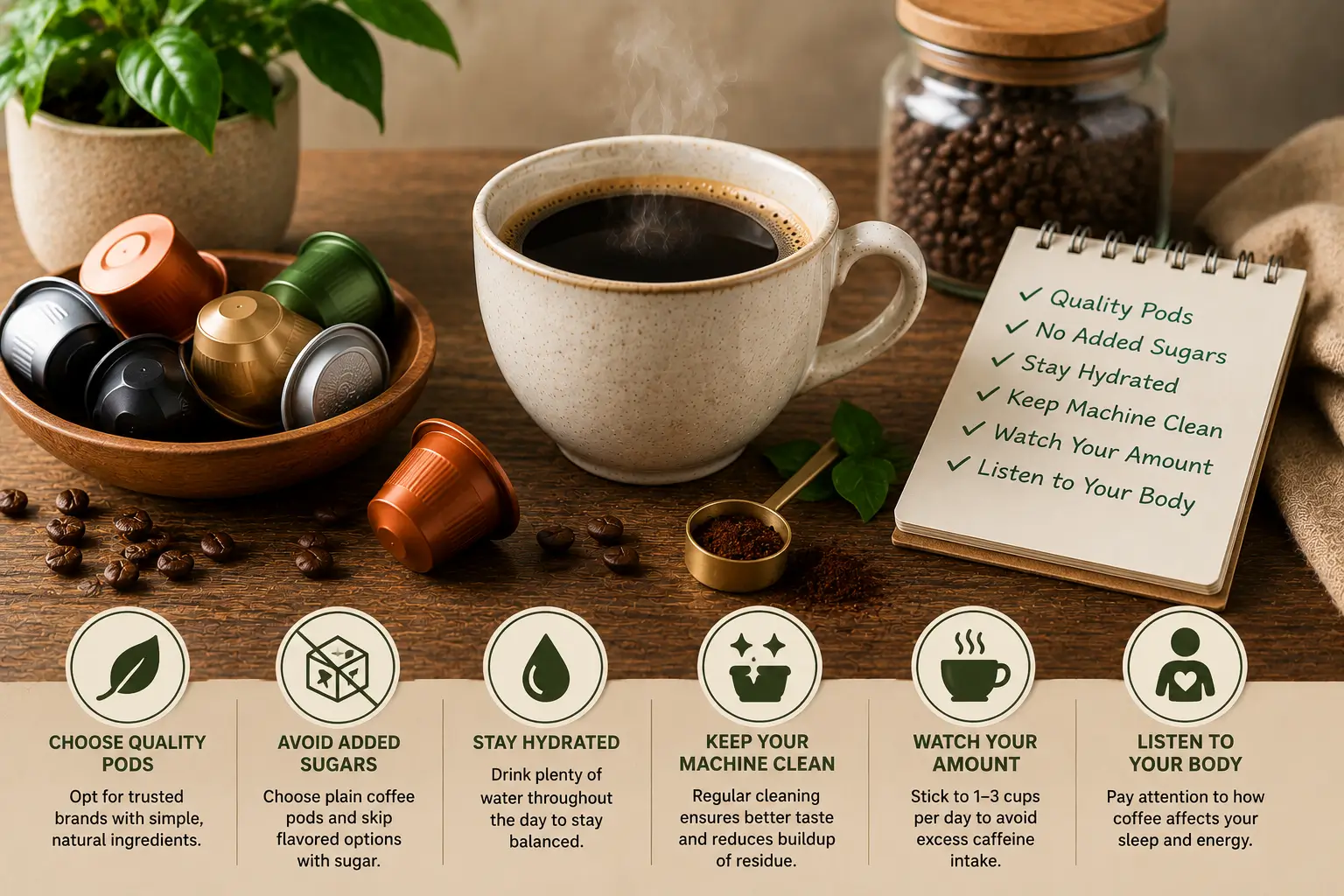 Safe coffee pod use with black coffee and healthy ingredients