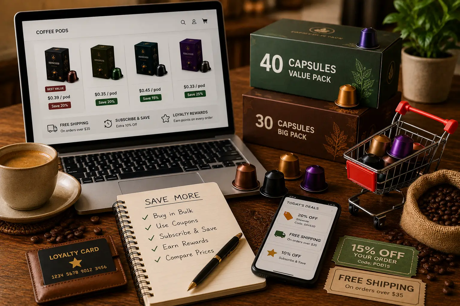 Saving money buying coffee pods online with coupons bulk packs and calculator