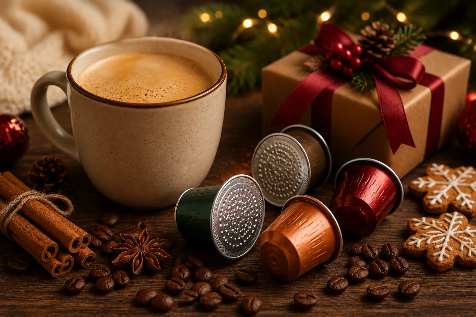 Why Are Seasonal Coffee Pods So Popular Seasonal coffee pods in a cozy holiday kitchen