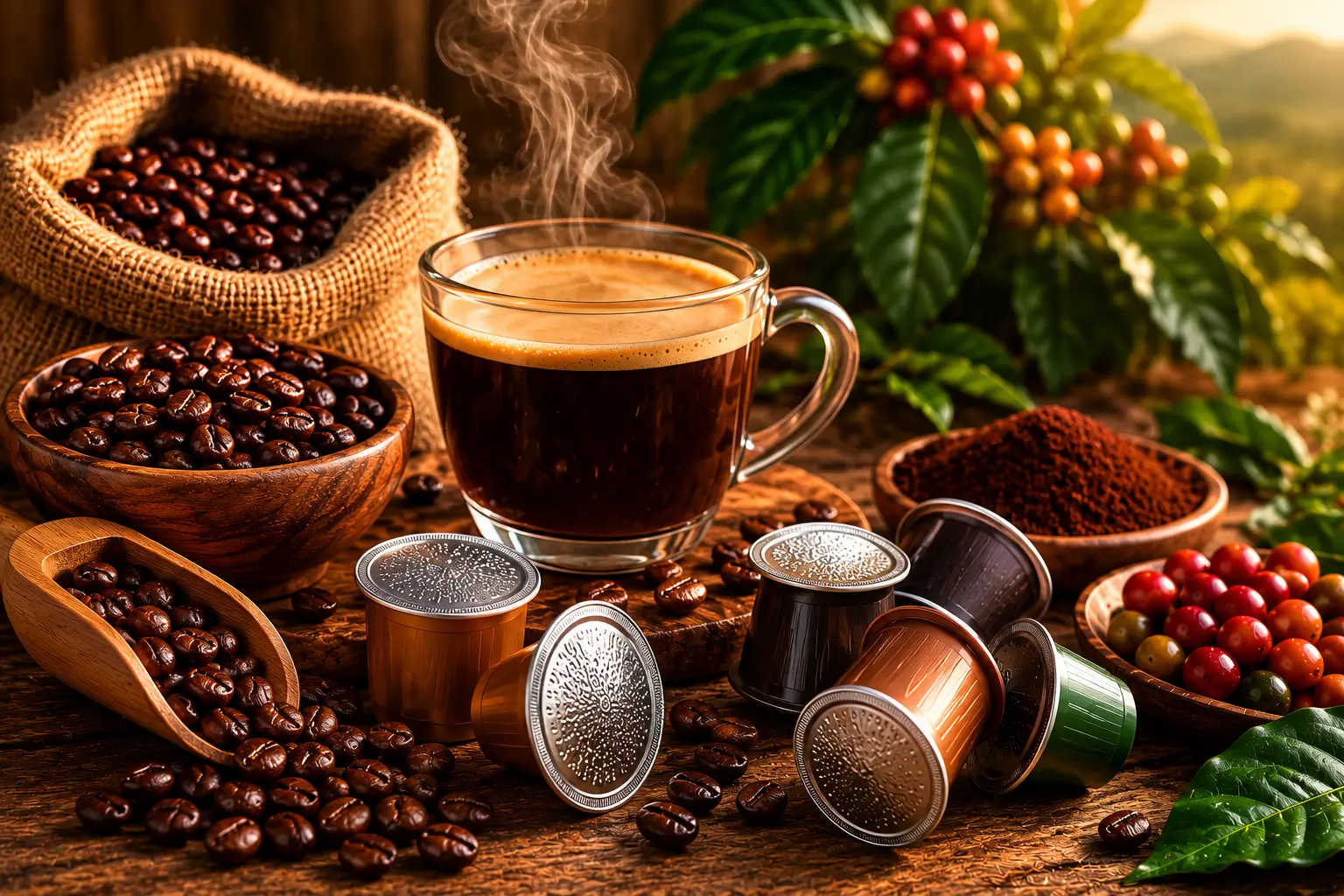 What Is a Single-Origin Coffee Pod Single-origin coffee pod with coffee beans and brewed coffee
