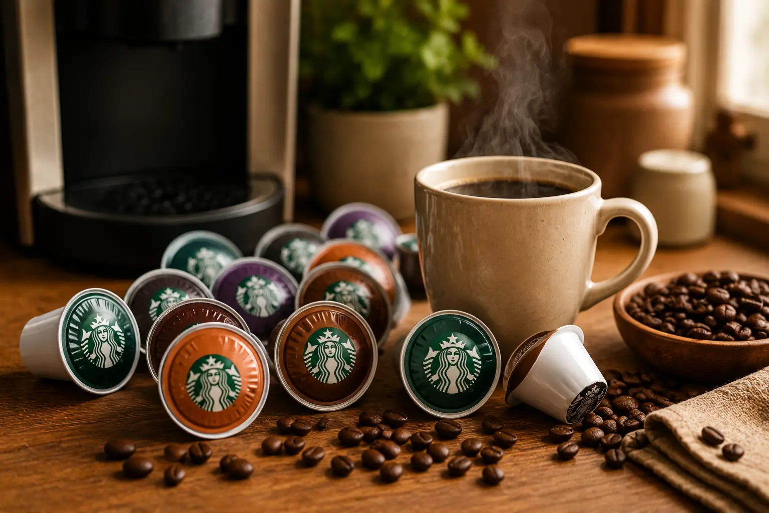 Starbucks coffee pods with a mug of coffee and roasted coffee beans
