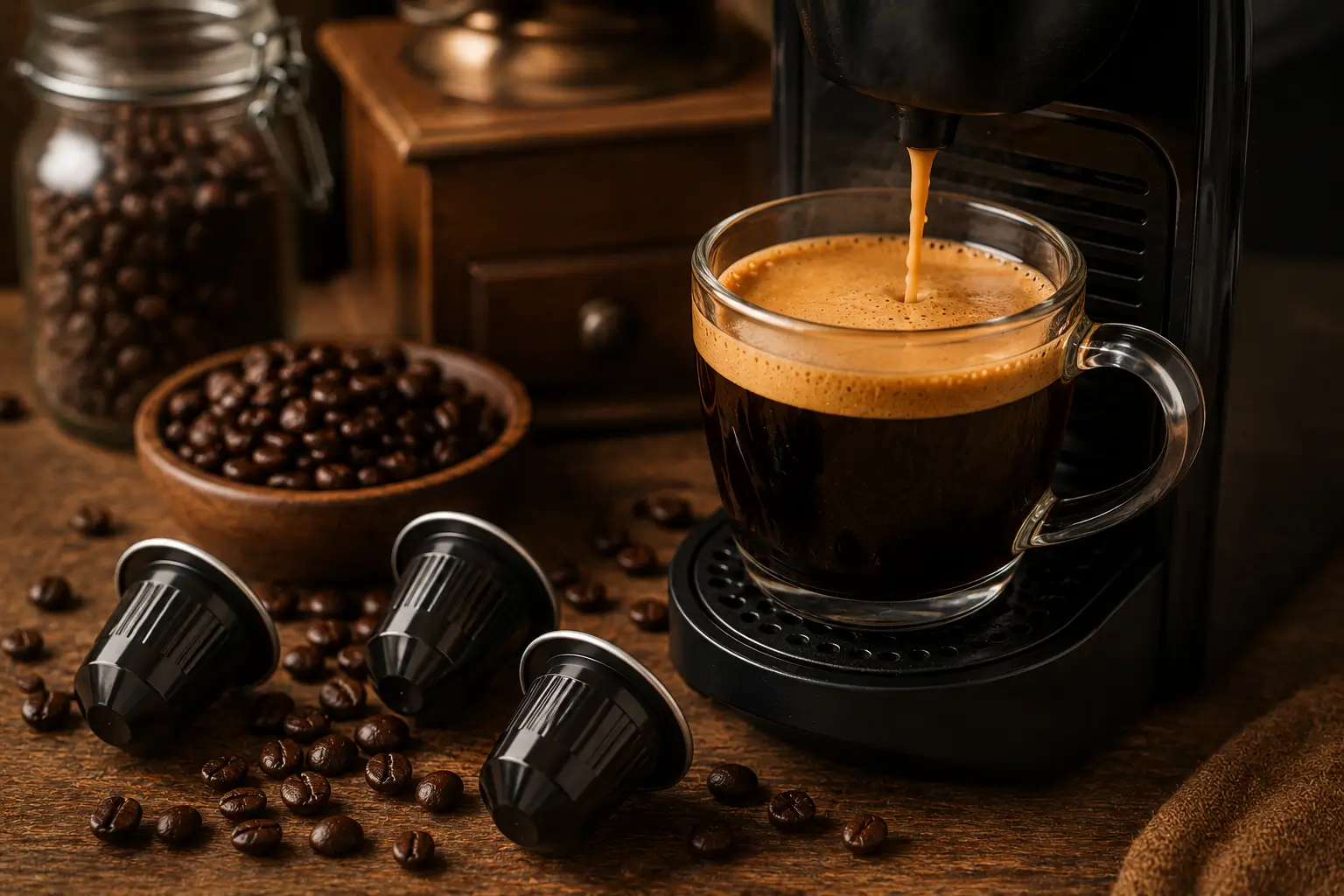 Strong coffee pod with intense dark coffee and roasted beans