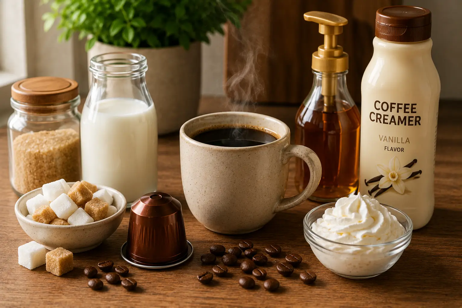Sugar creamers syrups and whipped cream beside coffee pods