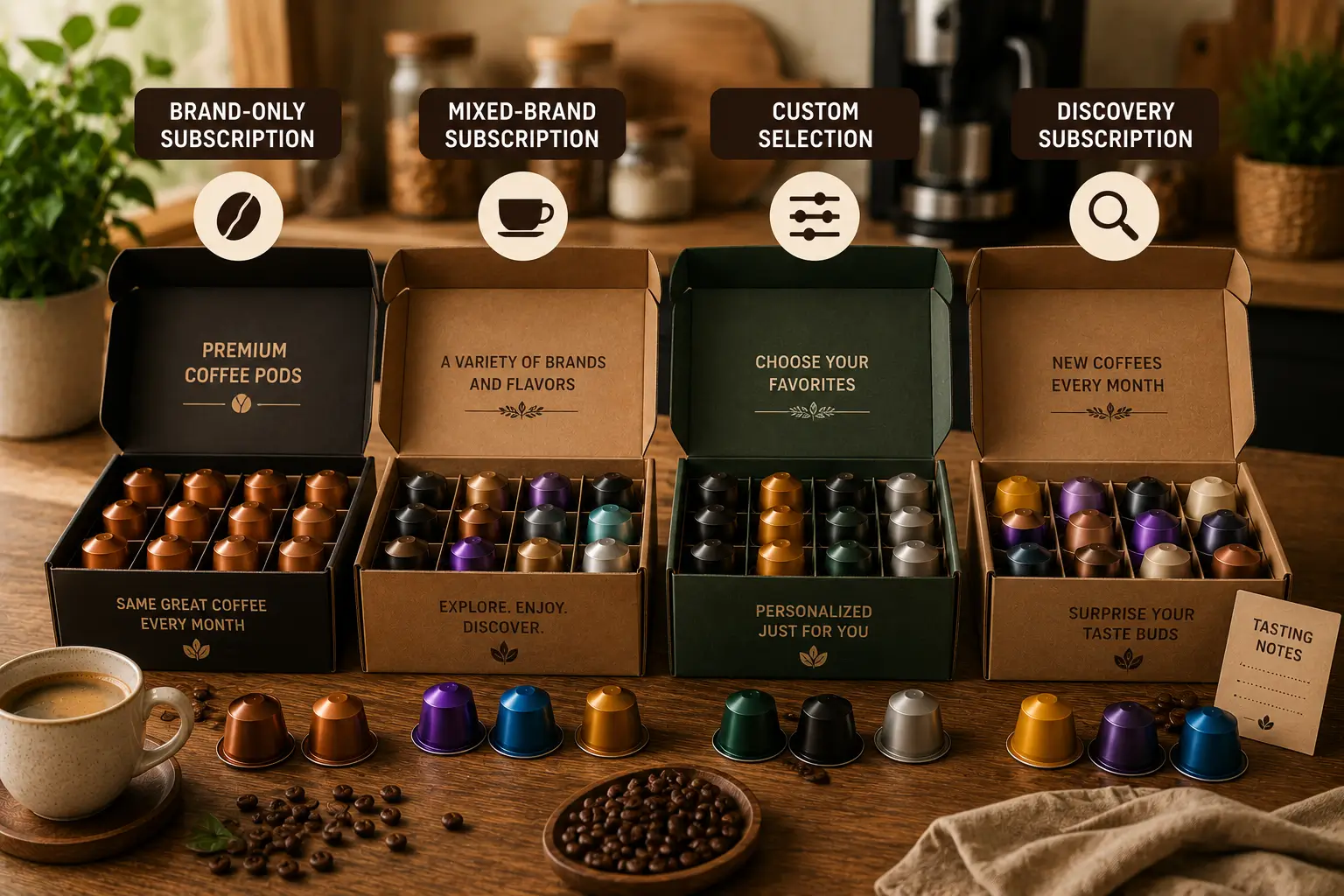 Types of coffee pod subscriptions including brand multi brand custom and discovery boxes