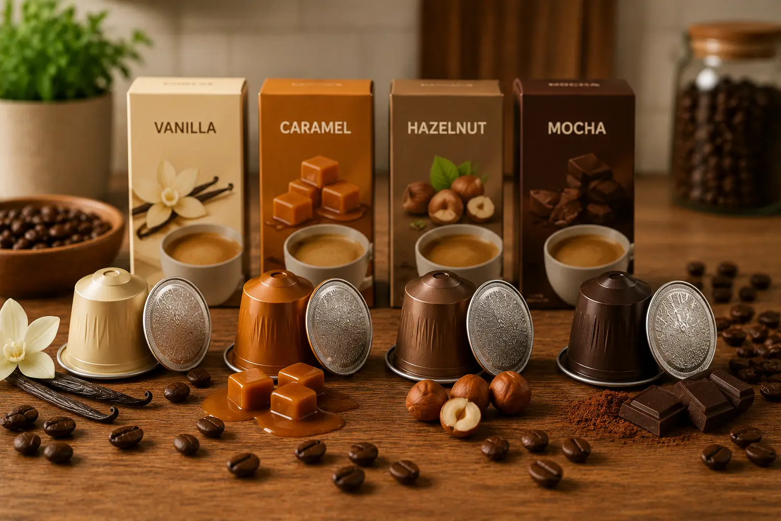Vanilla caramel hazelnut and mocha coffee pods with coffee beans