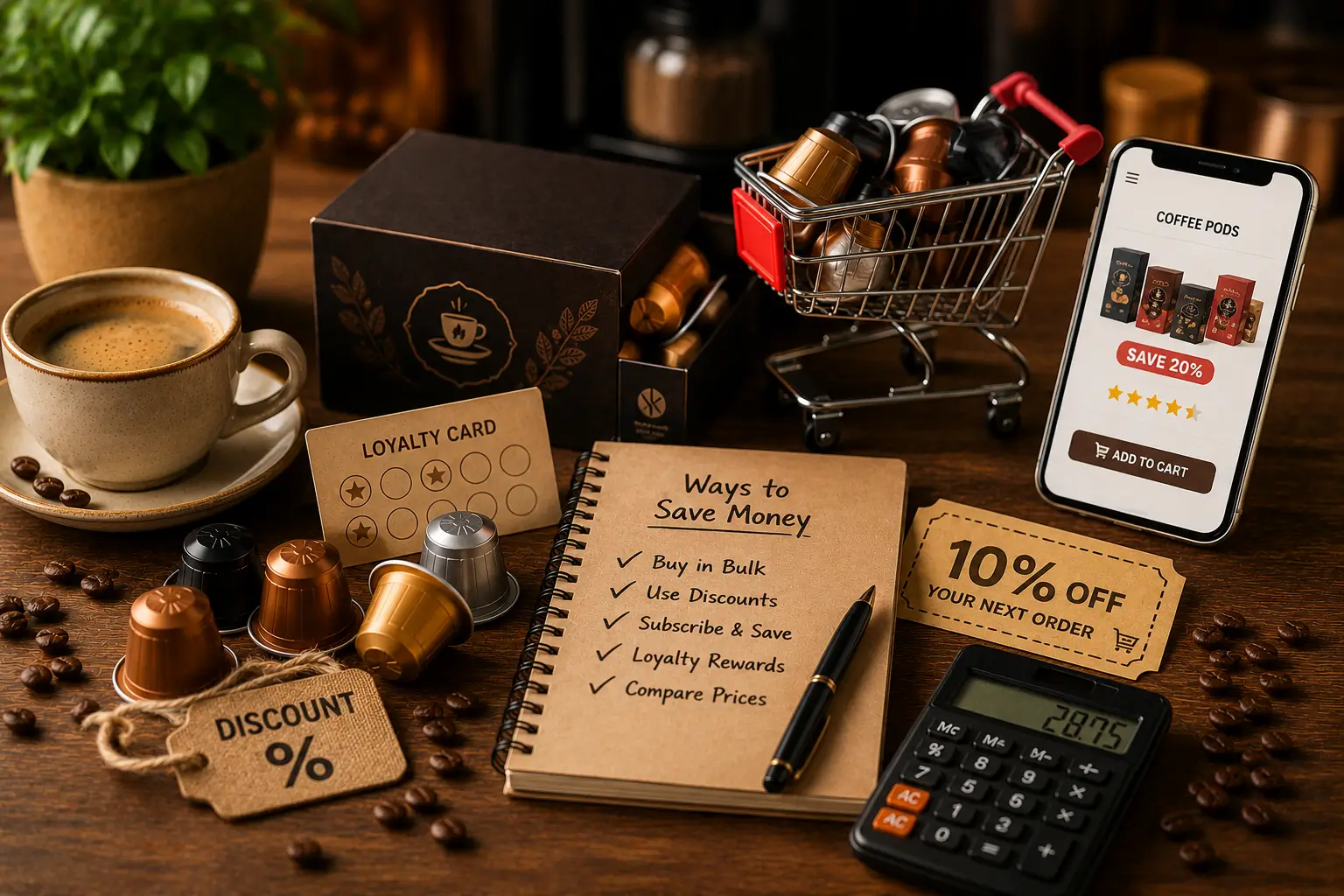 Ways to save money on coffee pods with coupons sales bulk packs and calculator