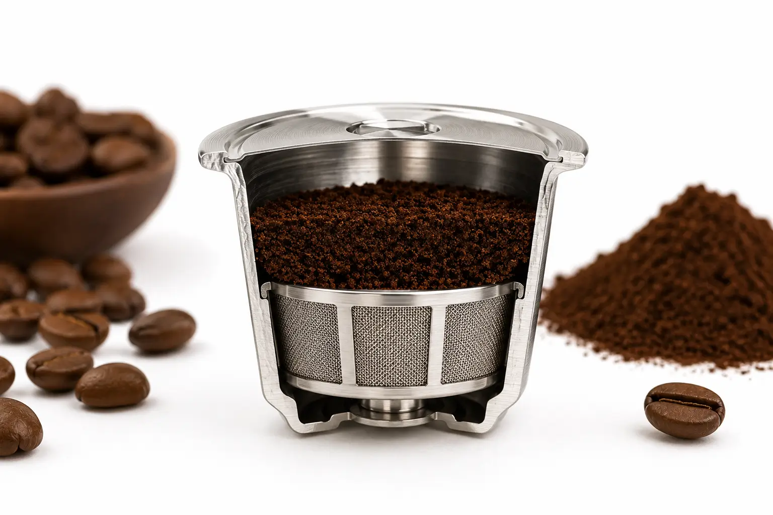 Refillable coffee pod materials with stainless steel and mesh filter