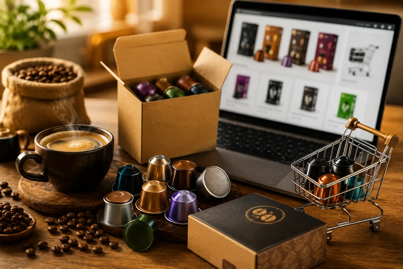 Where to buy coffee pods online with coffee pods laptop delivery box and coffee cup
