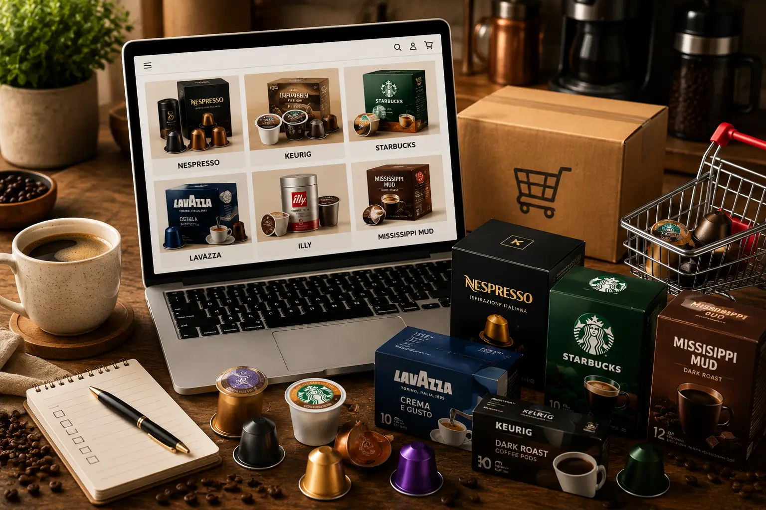Best Places to Buy Coffee Pods by Brand Best places to buy coffee pods by brand with coffee pods laptop shopping and delivery box