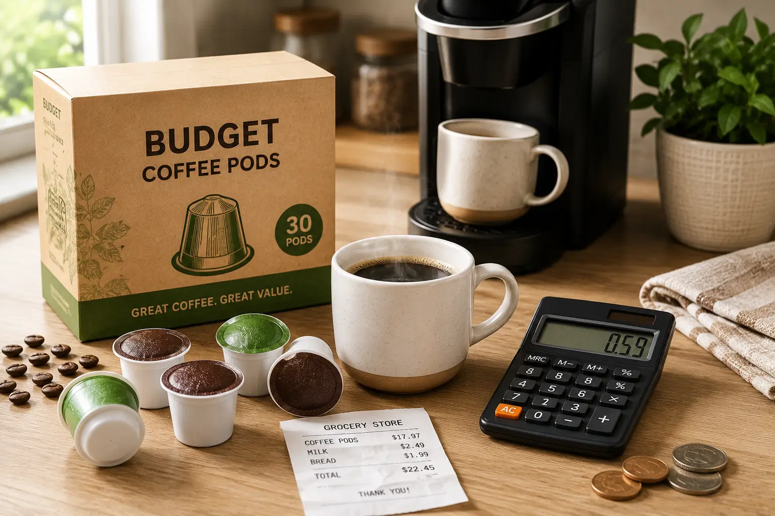 Budget coffee pods with simple packaging and everyday coffee cup