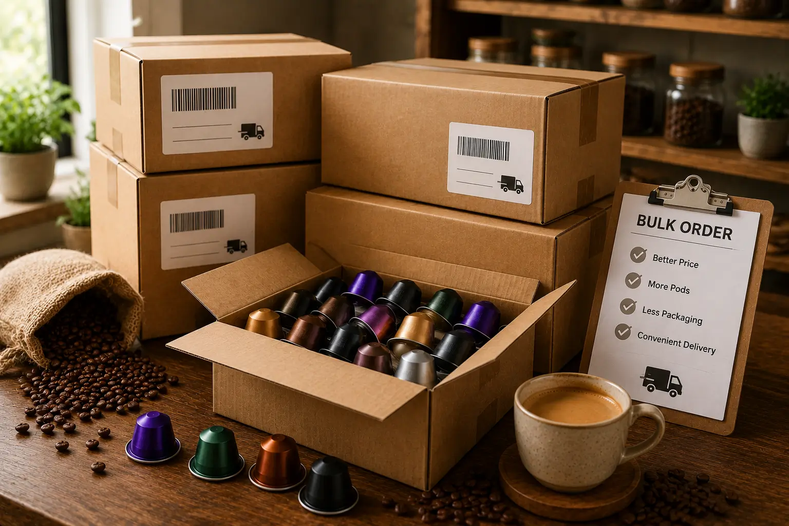 Bulk coffee pod delivery with large boxes coffee pods and shipping label