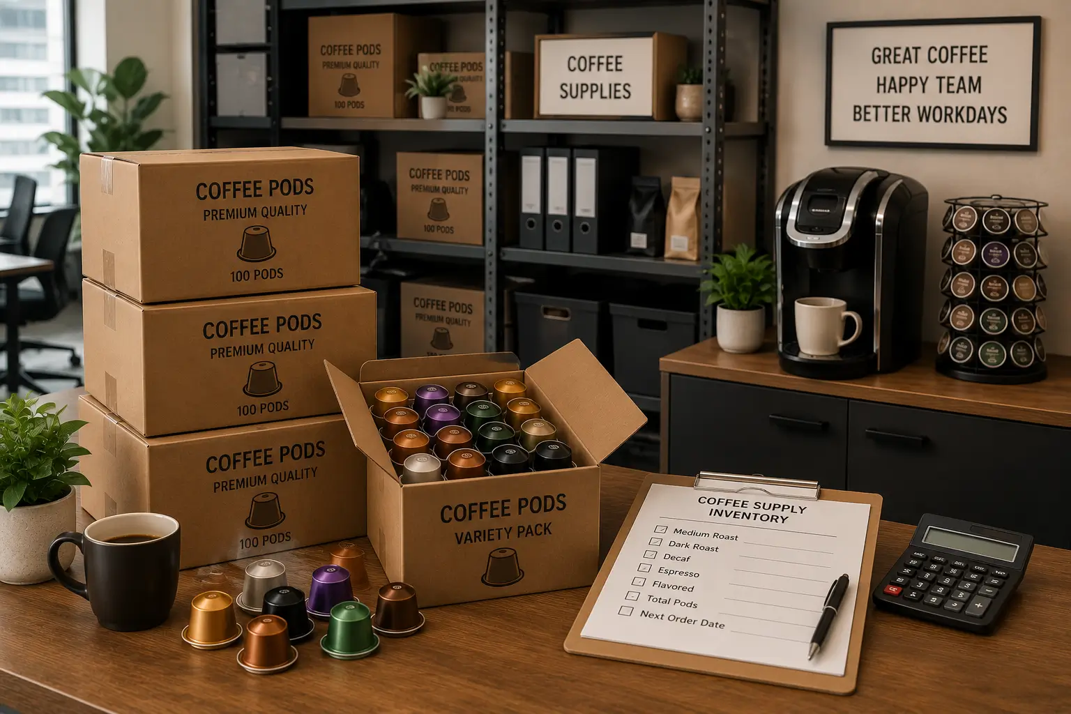 Bulk coffee pods for office with storage boxes and coffee station