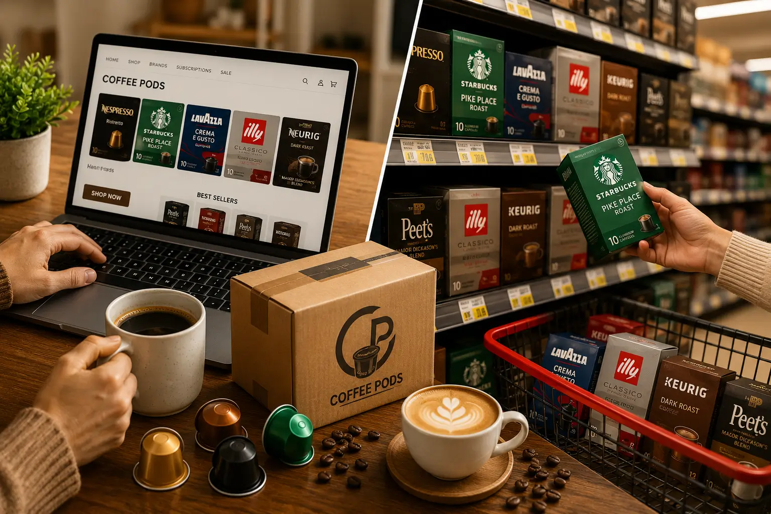 Buying coffee pods online vs local stores with laptop shopping page and supermarket coffee aisle