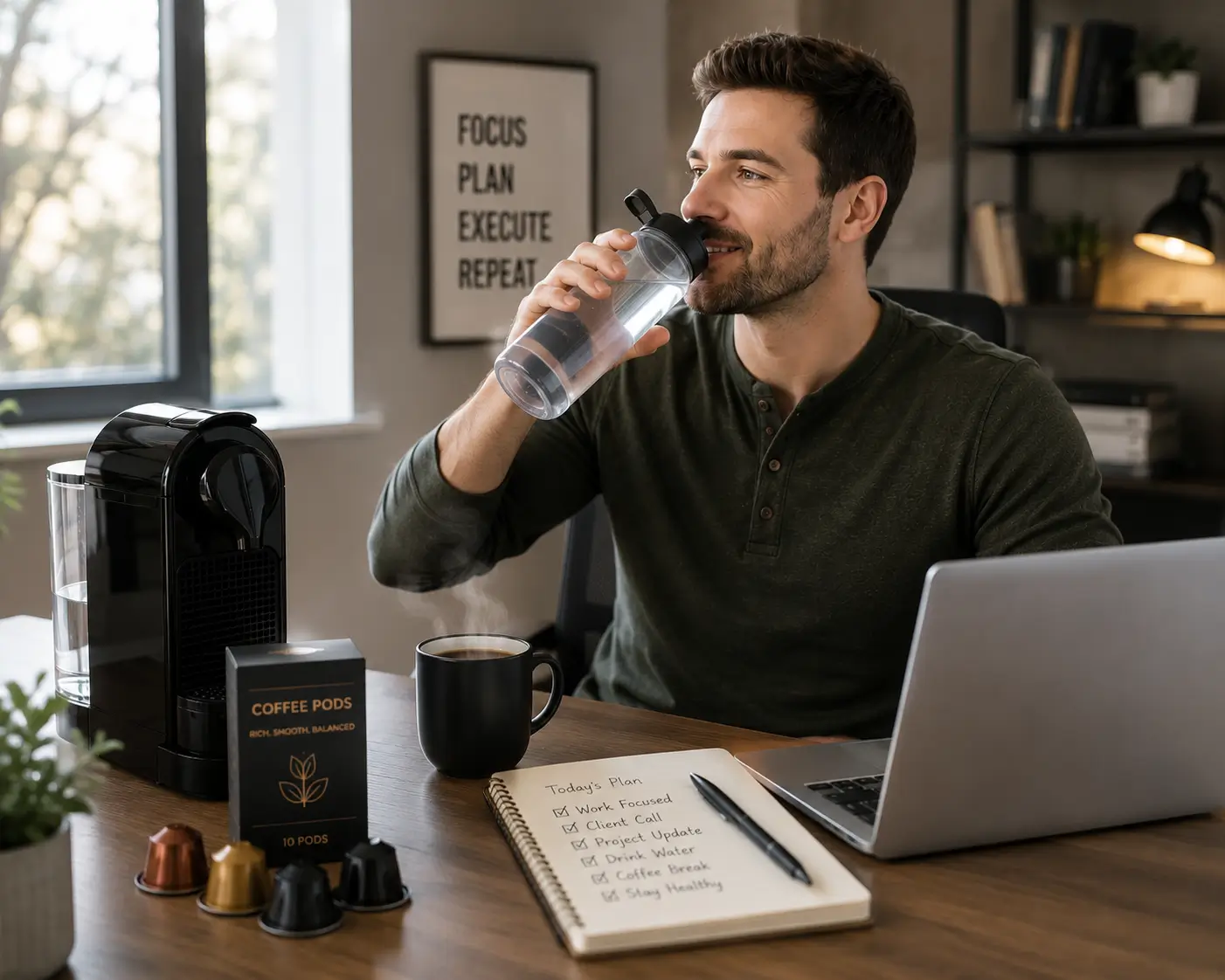 Coffee cup and water bottle on a desk