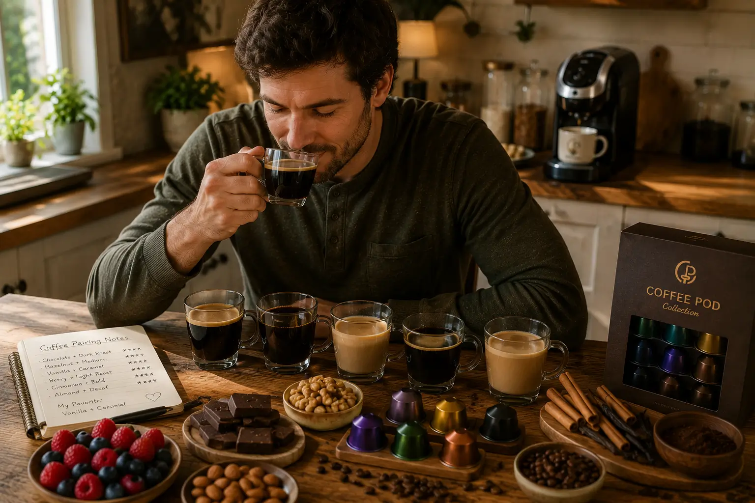 Coffee flavor profiles including sweet nutty chocolate fruity and spiced