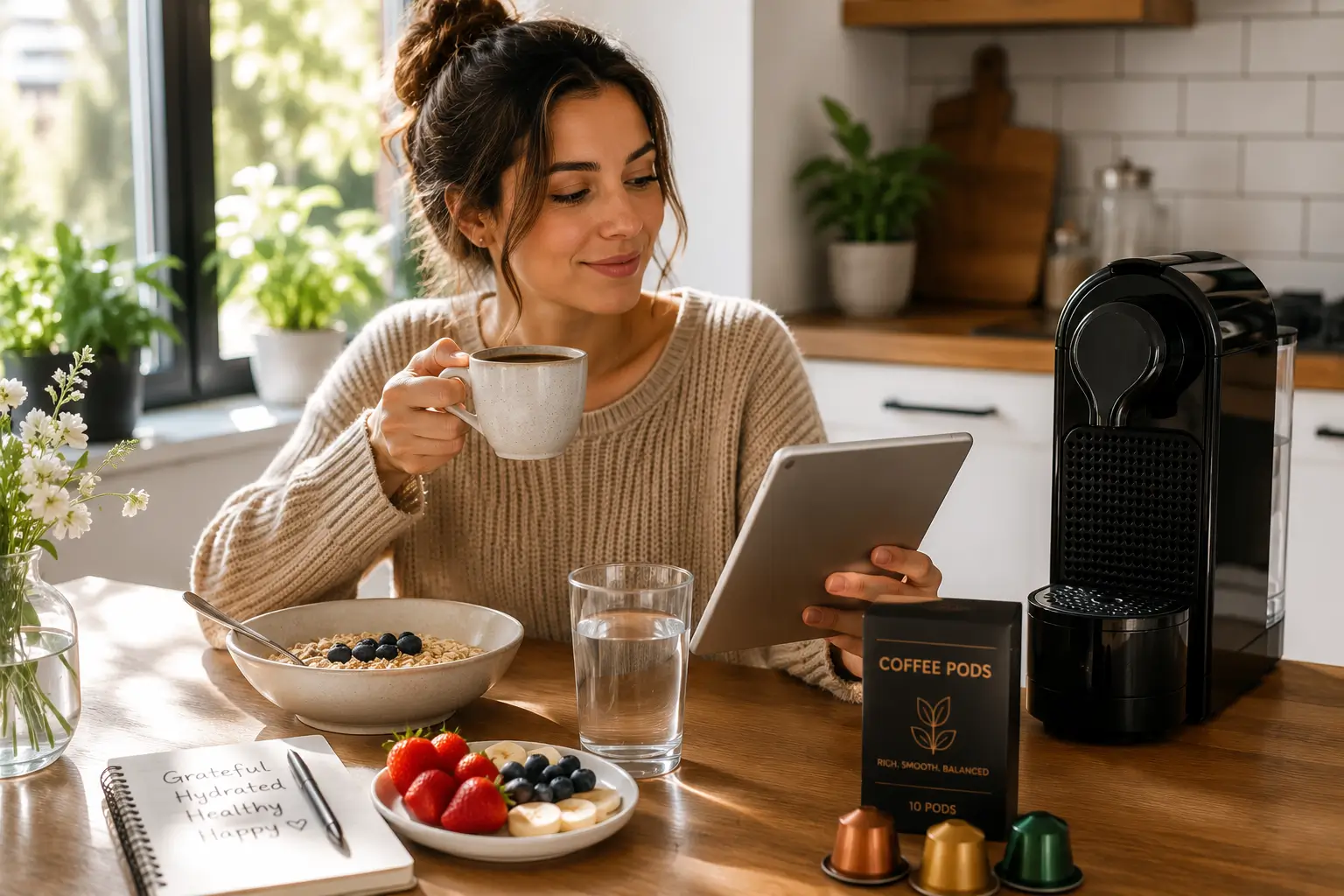 Coffee pod and water glass showing hydration balance