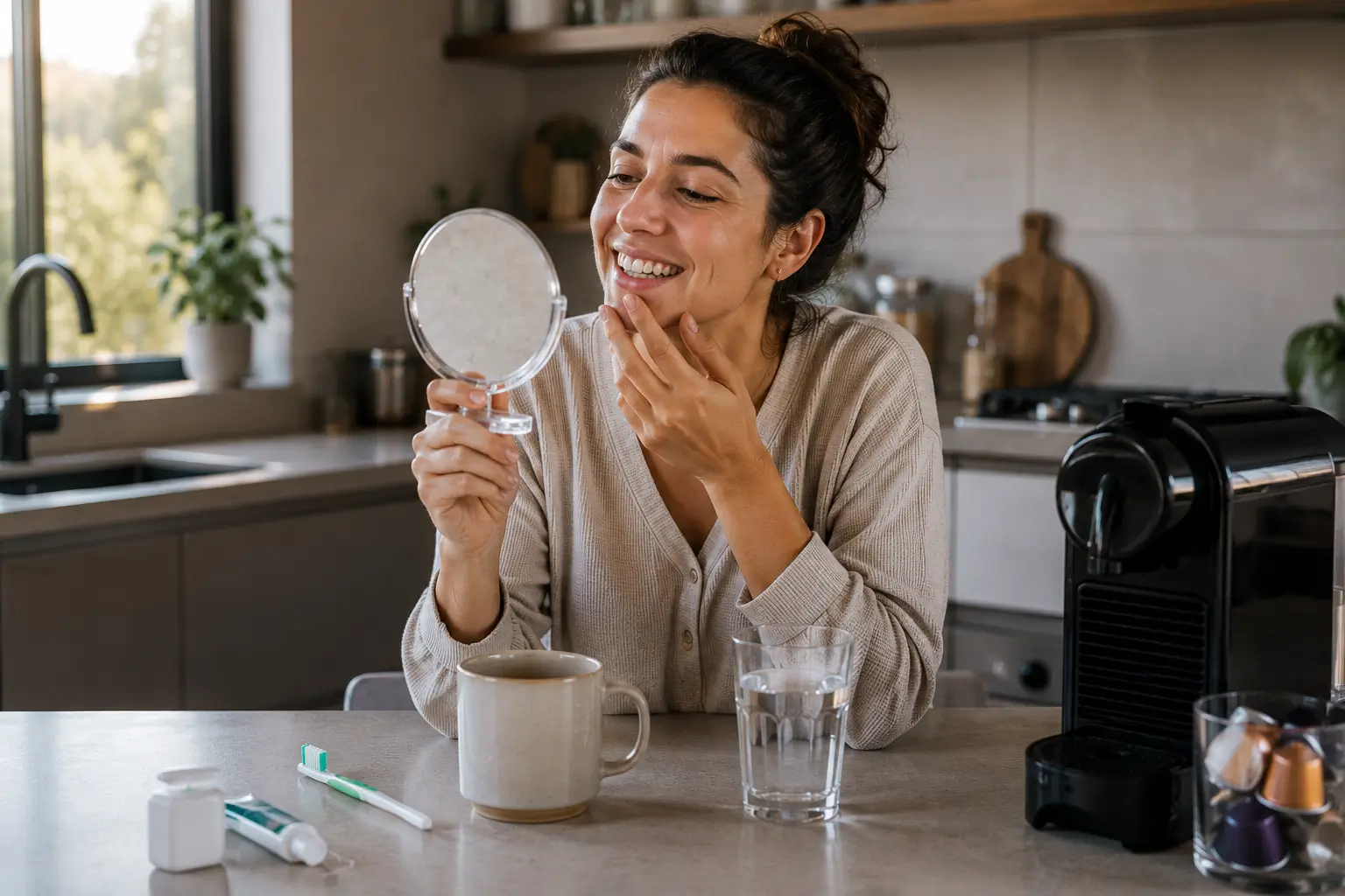 Can Coffee Pods Stain Your Teeth? Coffee pod cup beside bright smile water glass toothbrush and floss