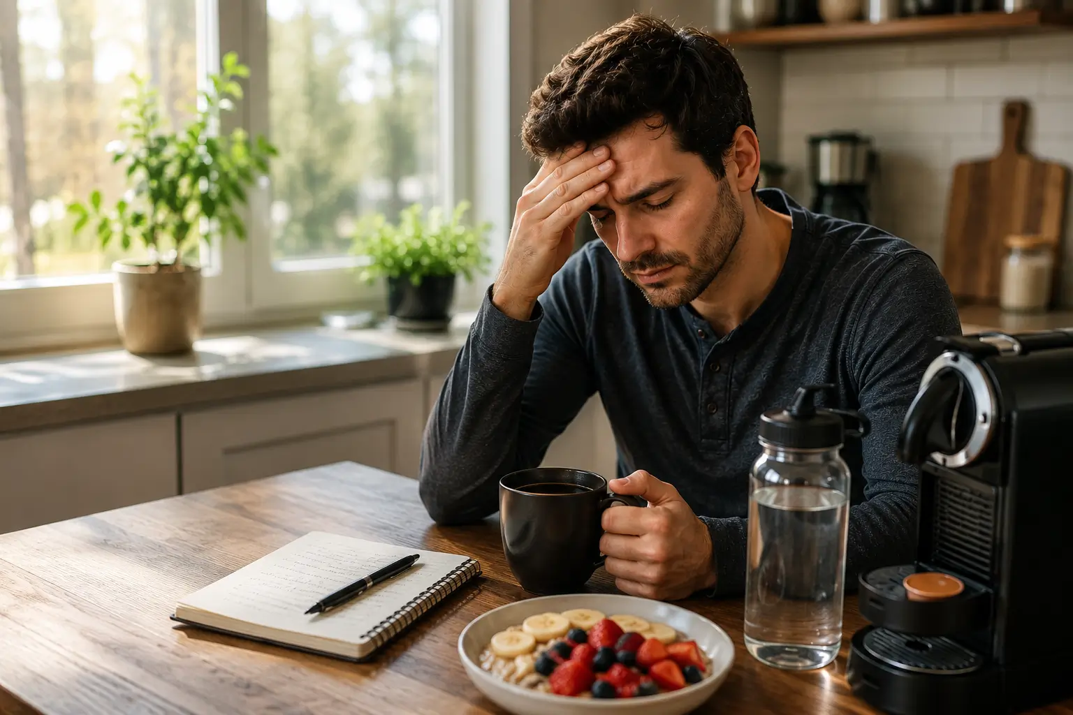 Coffee pod cup beside person with mild headache water bottle and morning routine