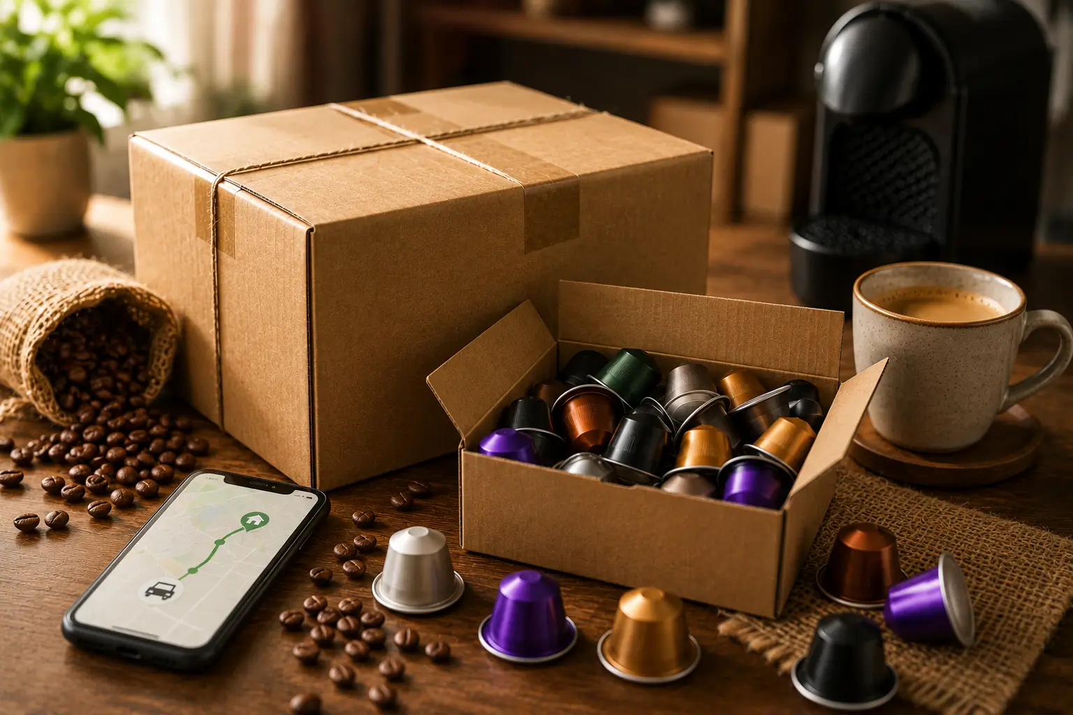 Coffee pod delivery options with coffee pods delivery box tracking and coffee cup