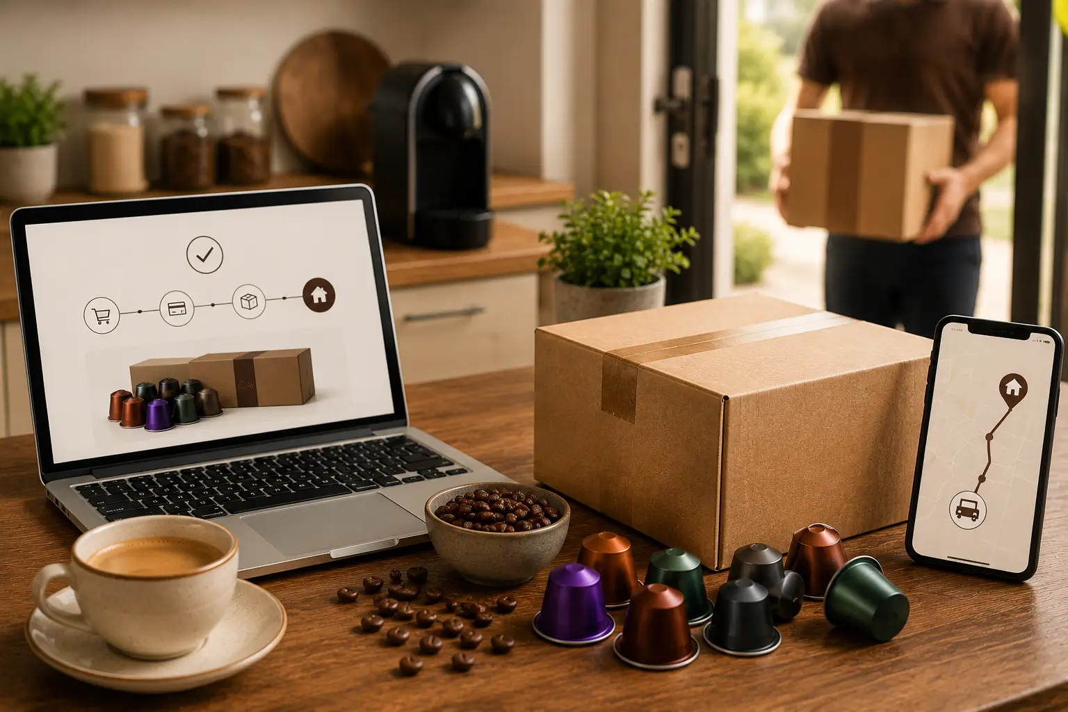 Coffee pod delivery process from order confirmation to delivered package