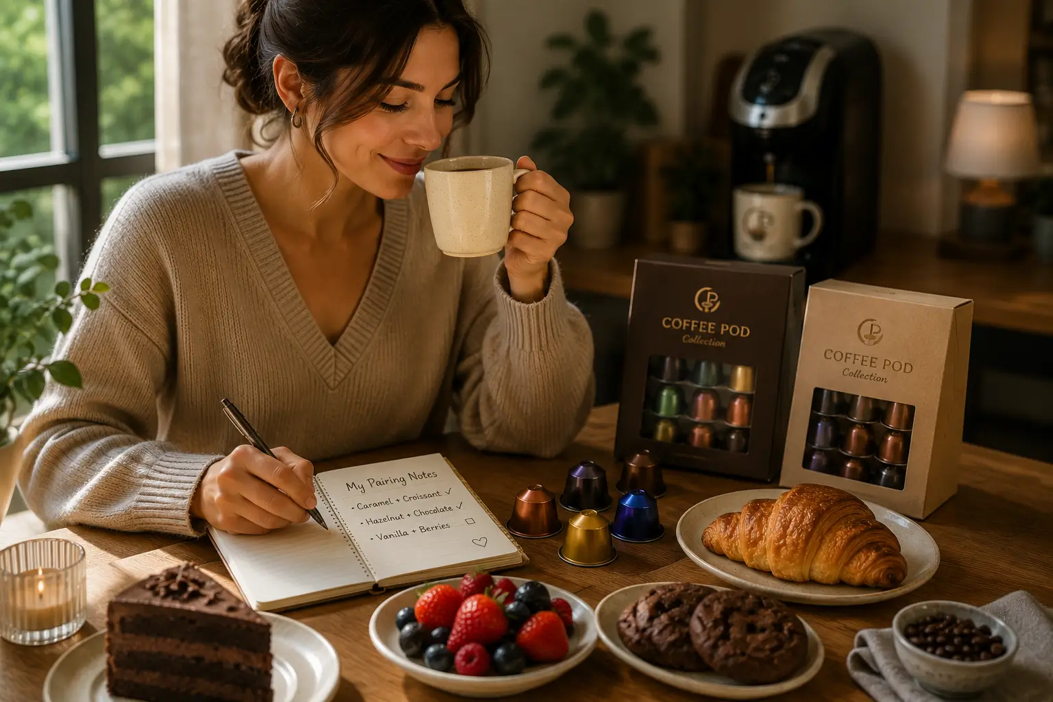 Coffee pod flavor pairing with pastries chocolate fruit and coffee cup