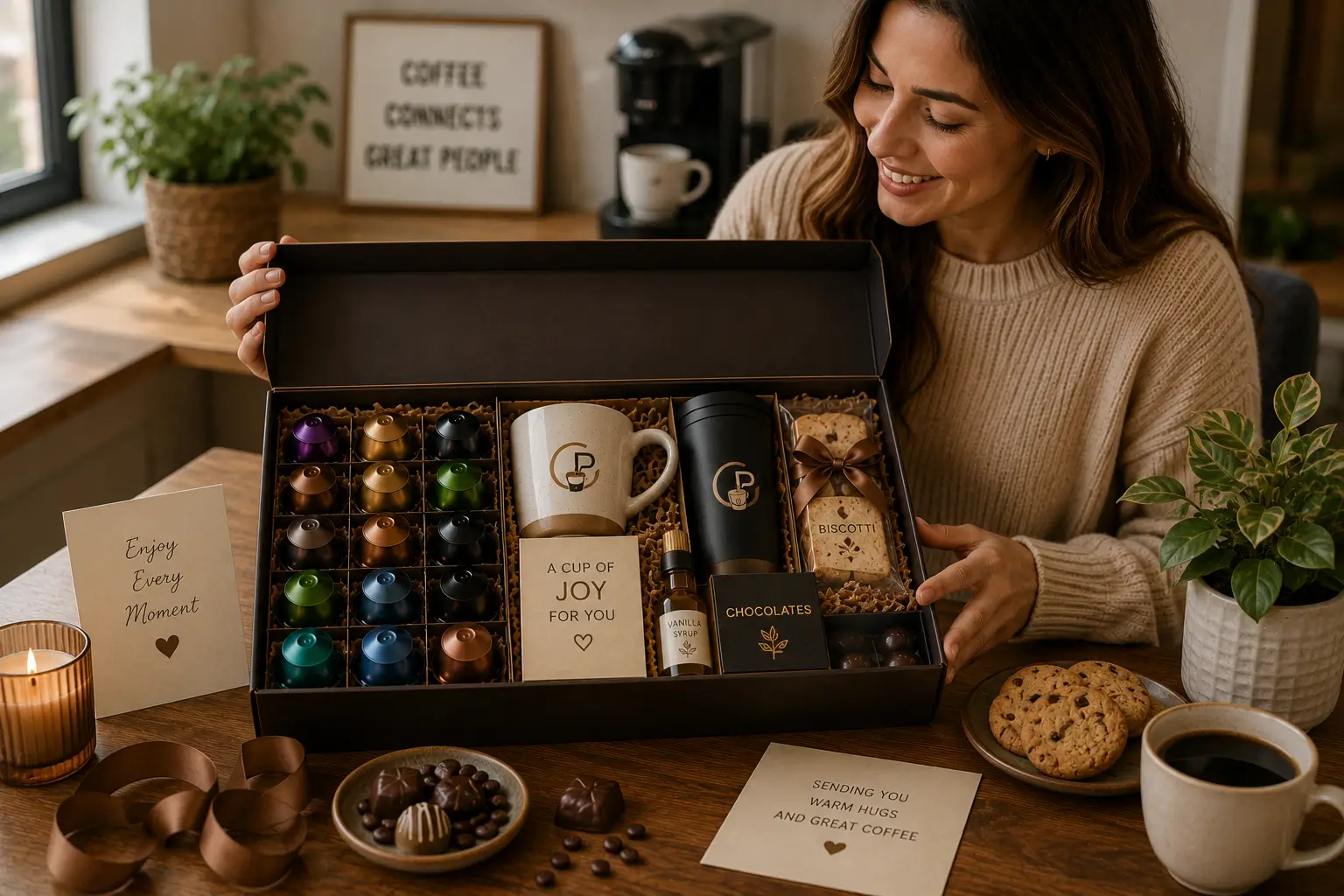 Coffee pod gift box with mug chocolate biscuits syrup and accessories
