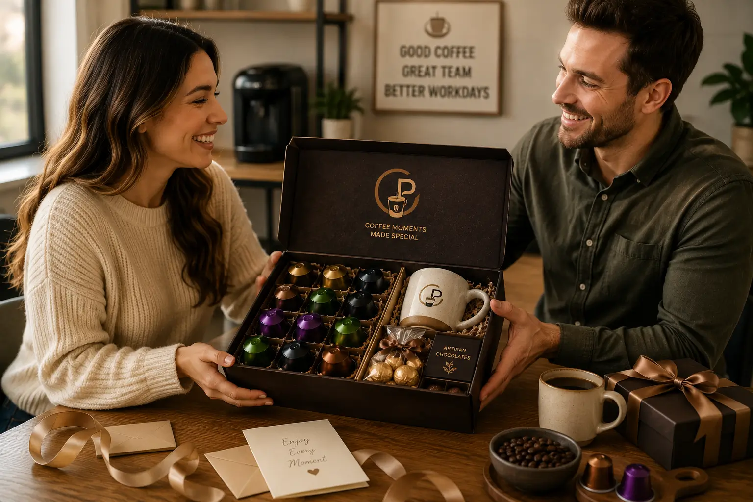 Coffee pod gift boxes with assorted capsules mug chocolates and ribbon