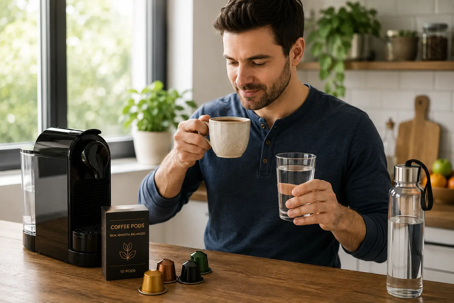 Coffee pod machine coffee cup and water bottle showing hydration balance