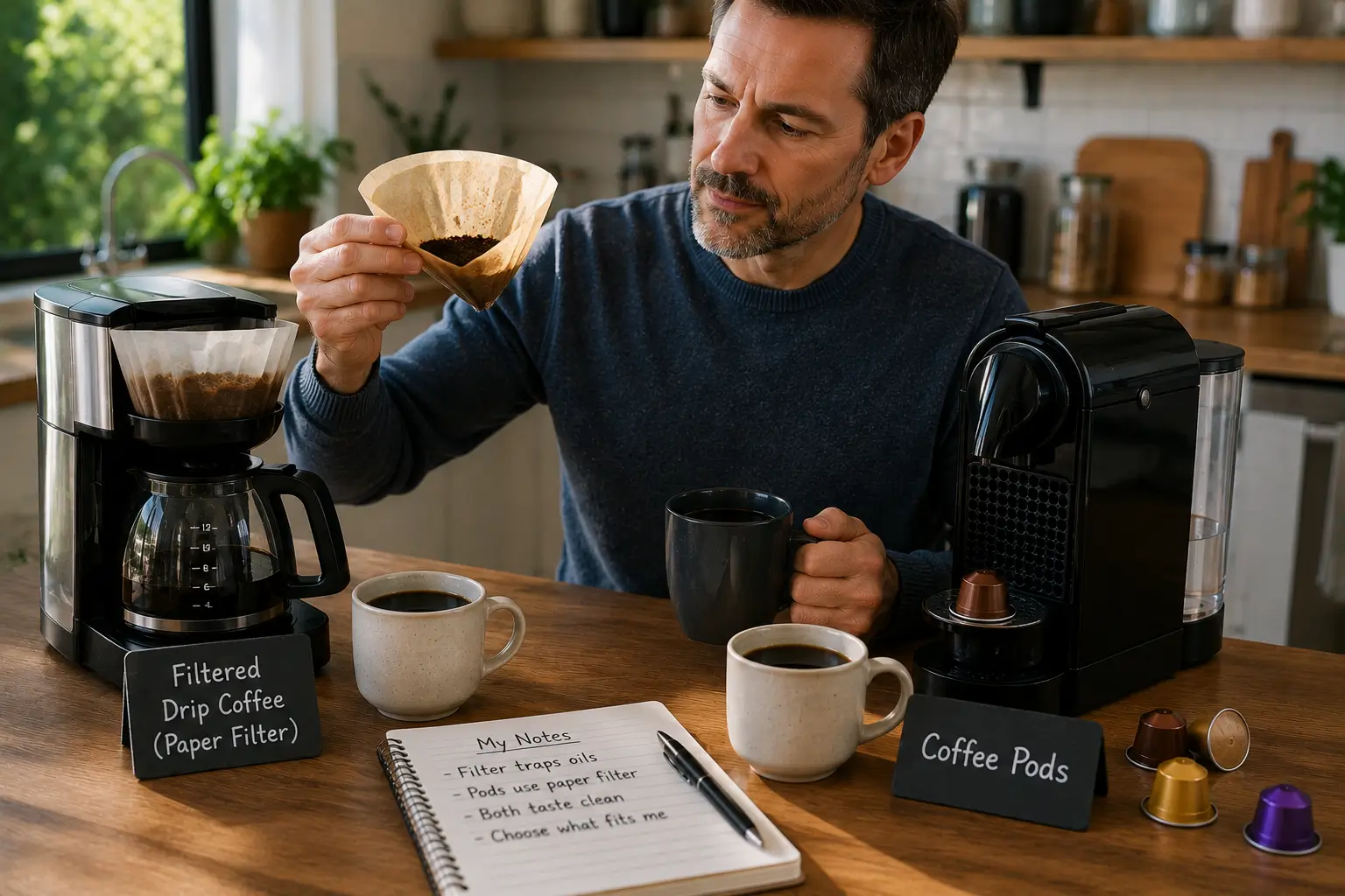 Coffee Pods vs Filtered Drip Coffee Coffee pod machine compared with paper filtered drip coffee