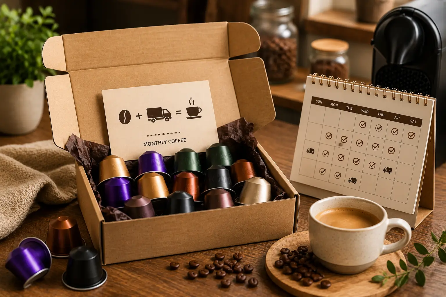 Coffee pod subscription delivery with monthly box calendar and coffee pods
