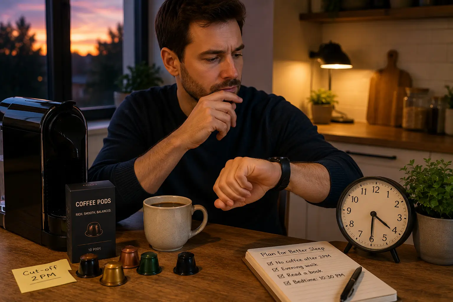 Coffee pod timing and sleep with evening coffee and bedside clock