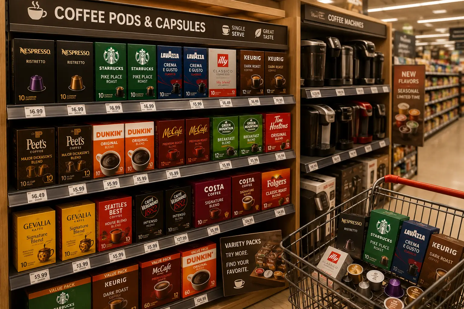 Coffee pods available in local supermarkets with popular brands and family size packs